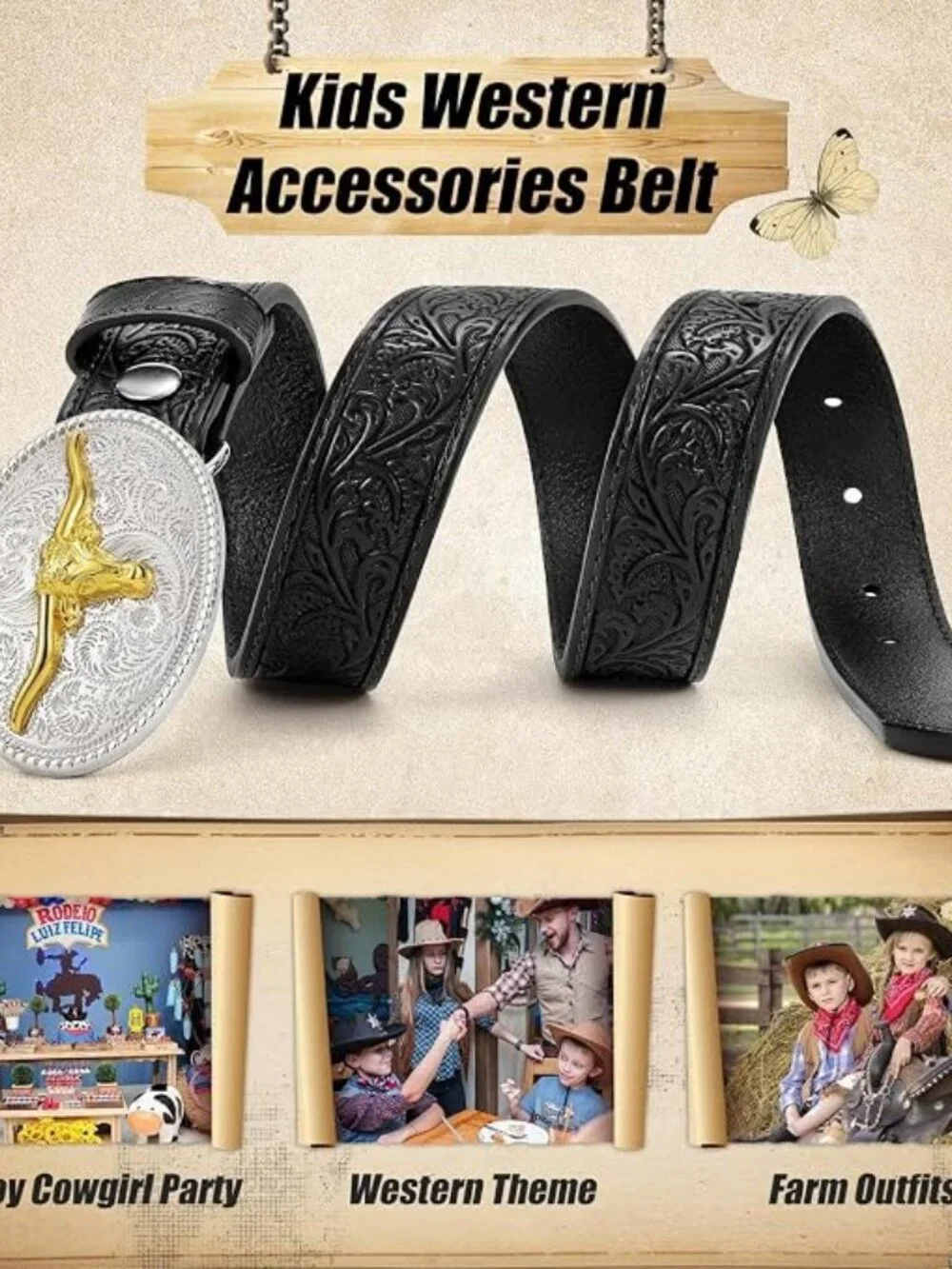 Kids Western Belt Leather with Bull Horse Buckle for Boys Cowboy Outfits - D